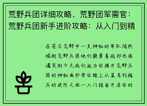 荒野兵团详细攻略、荒野团军需官：荒野兵团新手进阶攻略：从入门到精通