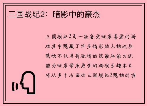 三国战纪2：暗影中的豪杰
